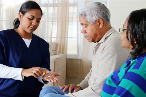 caregiver giving medicines to patient